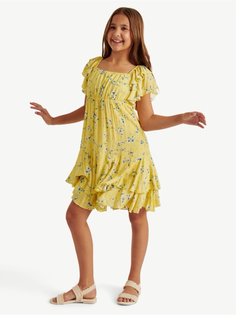 Justice Yellow Floral Ruffle Dress size 7/8